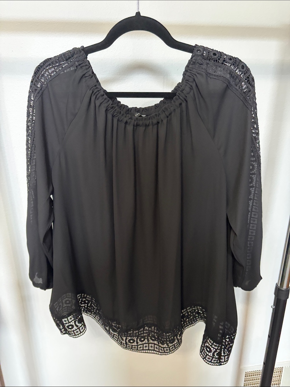 Zac & Rachel Black Crochet-Trim Peasant Blouse three quarter sleeve
